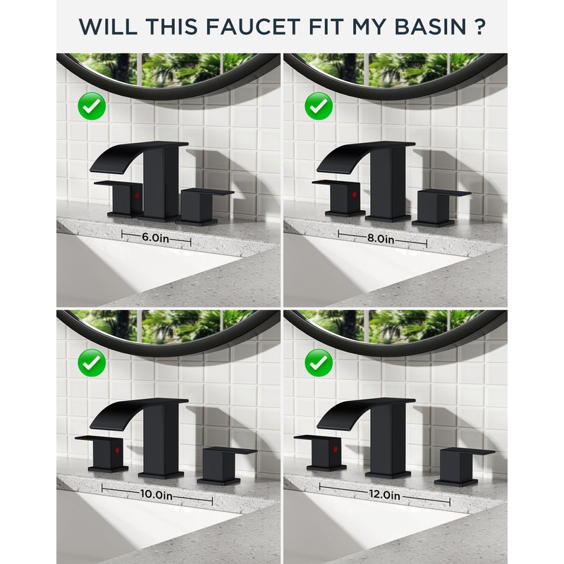 FORIOUS Square Matte Black Bathroom Faucets 3 Hole, Waterfall 8
