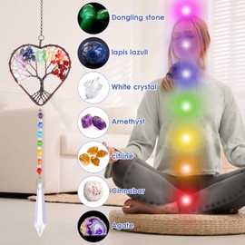 cobee Heart Shaped Sun Catcher, Crystal Tree of Life Suncatchers Hanging Ornament Chakra Stones Window Crystal Ball Prism Pendant Garden Home Car Decor