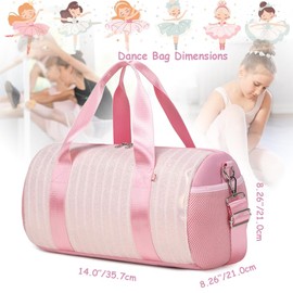 Dance Bag for Girls Dancers Ballet Bag Shiny Glitter Sports Gym Duffle for Little Girls Ballerina Duffel with Shoulder Strap and Furball Keychain