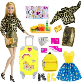 ebuddy Doll Clothes and Accessories 27 Pack Doll Travel Suitcase Fashionista for 11.5 inch Include Backpack Food Toys Ticket Set Shoes Sticker (No Doll)
