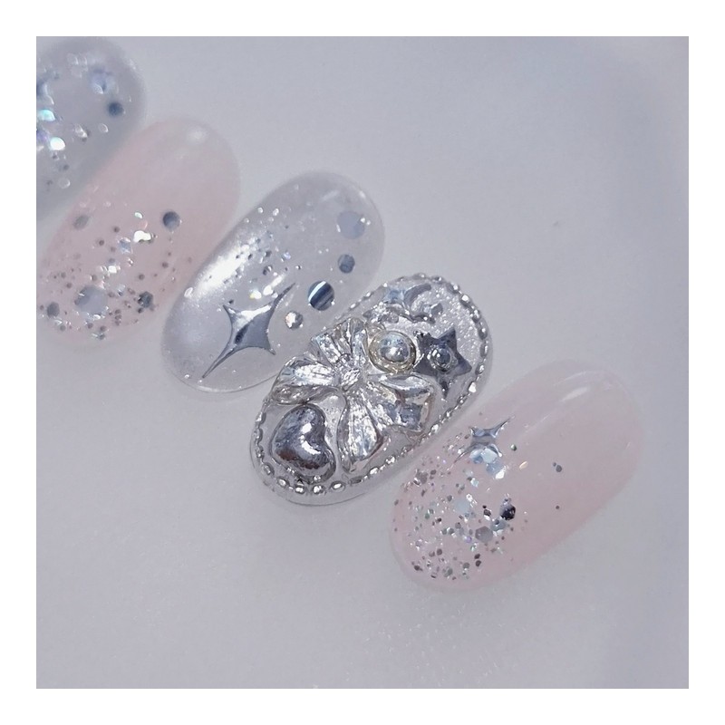 Silver bling handmade nail tips |Silver Magnet Full Parts Nail