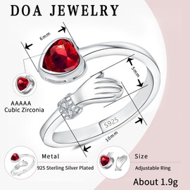 DOA Adjustable Sterling Silver Open Rings for Women, Hug July Birthstone Rings Women, Red Thumb Ring with Cubic Zirconia
