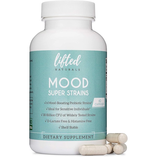 Lifted Naturals - Mood Super Strains Probiotic - Naturally Supports Anxiety, Emotional Health & Digestion - Histamine-Free, w/ L Rhamnosus GG, 60 Day Supply, Non-GMO, Dairy-Free, Gluten-Free, Vegan