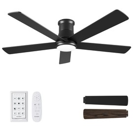 Autoday Ceiling Fans with Lights, 52 Inch Low Profile Ceiling Fan with Light and Remote Control, Flush Mount, Reversible, 3CCT, Dimmable, Quiet DC, Black Ceiling Fan for Bedroom, Indoor/Outdoor Use
