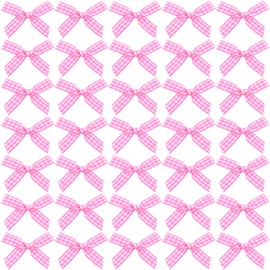 Mxxipp 35pcs Mini Plaid Bows for Gift Wrapping, Small Satin Ribbon Bow for Crafts, Tiny Bowknot Supplies for Christmas Wedding Birthday Party Decoration Flowers Cookies Wrapping- Pink