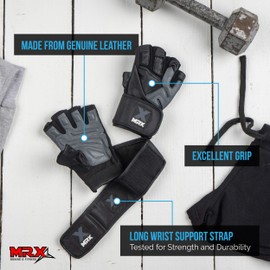 MRX Weight Lifting Pro Level Gloves with 18 Inches Long Wrist Strap Gym Workout Exercise & Fitness Black Grey (Medium)