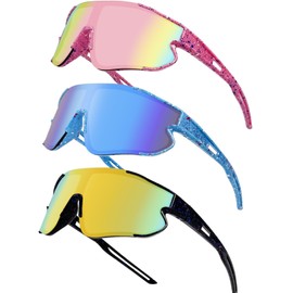 Wapreta 3PACK Kids Sunglasses Youth Baseball Sunglasses for 4-12 Boys Girls Cycling Softball Running UV400 Sports Goggles (Pink Frame + Blue Frame + Black Frame)