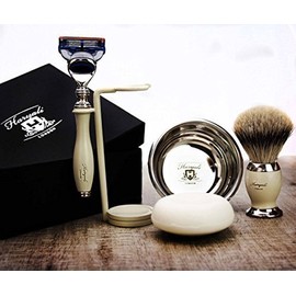 5 Piece Shaving Set - With Silver Tip Badger Brush & Razor with Premium Handle + Matching Double Stand, Razor Loop and Soap | Complete and Ready to Use