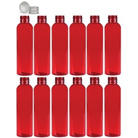 Premium Essential Oil 4 Ounce Cosmo Round Bottles, PET Plastic Empty Refillable BPA-Free, with Silver Aluminum Lined Non-Dispensing Caps (Pack of 12) (Red)