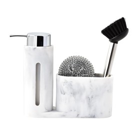 Soap Dispenser with Sponge Holder, Kitchen Soap Dispenser Pump, Sponge Caddy and Brush Holder 3 in 1 Set Organizer for Sink Countertop, Rustproof（White）