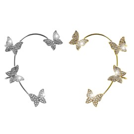 Butterfly Ear Cuff Earrings for women, 2 Pcs Zircon Butterfly Earrings Butterfly Ear Clip for Women Girls, Party, Wedding, Holiday Gifts (Gold Left Ear, Silver Right Ear)