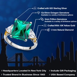 925 Silver and 10K Yellow Gold Green Nano Emerald Moissanite and Diamond 3 Stone Ring For Women (6.44 Cttw, Gemstone May Birthstone, Emerald Cut 12X10MM, Available In Size 5, 6, 7, 8, 9)