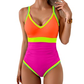 Aidonger One Piece Swimsuit for Women Tummy Control Color Block Bathing Suit V Neck Shell Stitched Tie Back Swimwear