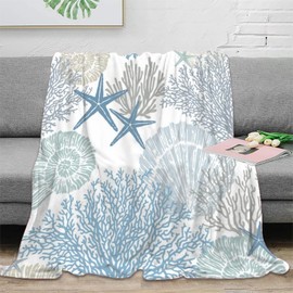 Abstract Nautical Coastal Throw Blanket for Couch - Watercolor Beach Ocean Theme Starfish Seashell Coral Lightweight Soft Blankets and Throws for Sofa,50x60inch(127x152cm)