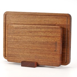 Relxinke Solid Teak Wood Cutting Board Set One Piece Non Glued Large Thick Crack Resistant Wooden Chopping Board with DeepJuice Grooves Built in Handles for Kitchen Meat Vegetable 18x12 IN &12X8 IN