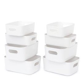ZPONEED 8 Pack Plastic Storage Basket, White Storage Boxes, Organizing Wrap Bins for Shelves, Stackable Cupboard Organiser for Kitchen, Cupboard, and Bathroom Organizer on Shelves