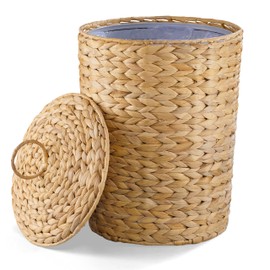 BLUEWEST 3 Gallons Wicker Trash Can with Lid and Removable Liner, Wicker Rattan Bathroom Trash Can, Large Woven Bin for Office, Hyacinth Waste Basket for Home Kitchen (Natural)