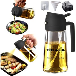 tikala 2-in-1 Glass Oil Spray Bottle – 470ml/16oz Refillable Dispenser with Mini Funnel, Microfiber Cloth & Wall Hook – BPA-Free Olive Oil Mister for Cooking, Air Fryer, BBQ & Baking