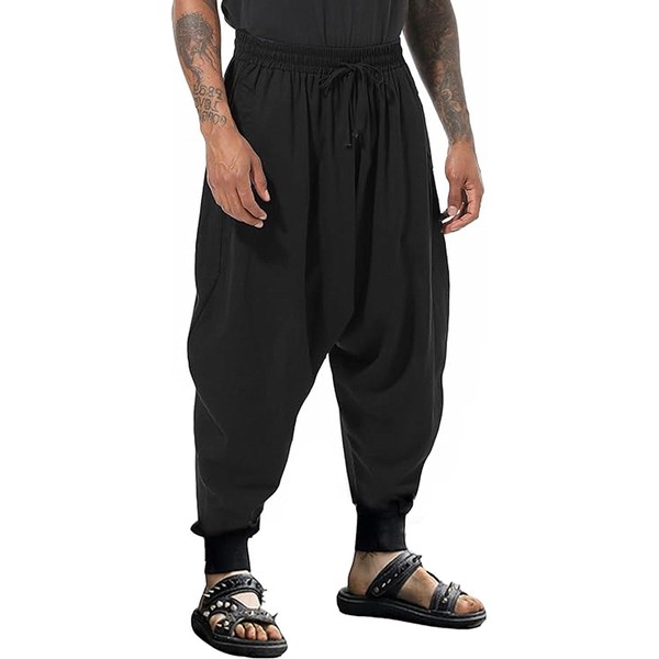 PACEIADTA Men Elastic Waist Harem Pants Loose Drawstring Drop Crotch