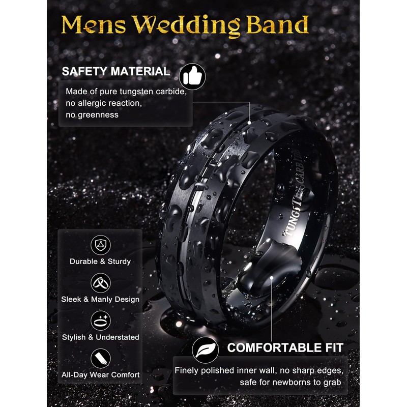 Jstyle Tungsten Ring for Men 8MM Black Wedding Band Fit
