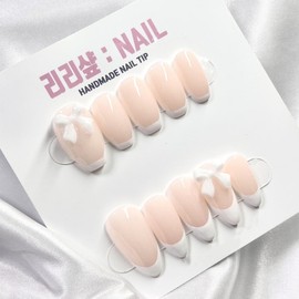 White Ribbon Handmade Nail Tips - Short Nose Pin / 화이트 리본 수제네일팁 - 숏코핀
