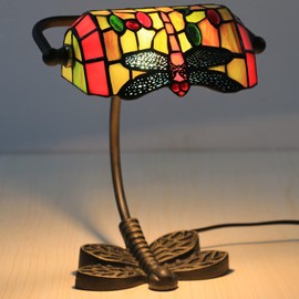 errzom Mini Small Dragonfly Tiffany Style Stained Glass Banker Desk Table Lamp with Adjustable 8" Wide Lampshade for Reading Working Living Room Bedroom Library Bedside, 10" Tall,Red green