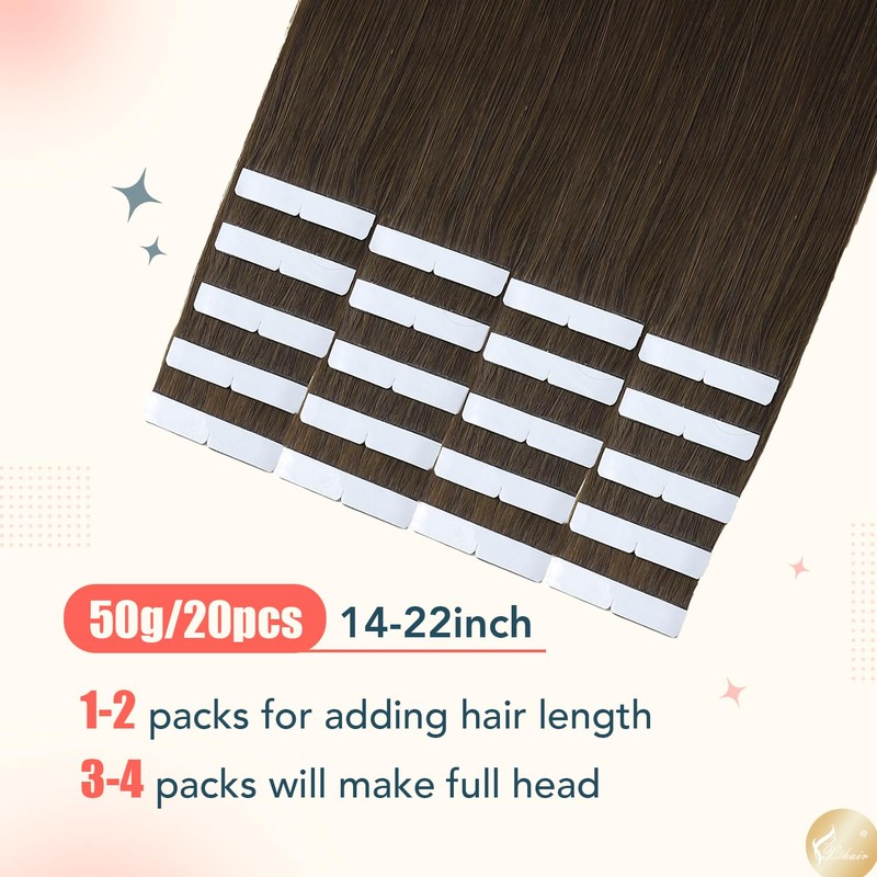 XDhair Haarverlängerung, selbstklebend, 20 Stück/50 g, Echthaar, 18 Ponce, Klebeband,