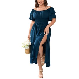 CICIDUDU Plus Size Maxi Dress Off The Shoulder Ruffle Smocked Wedding Guest Cocktail Slit Hem Flowy Dresses for Curvy Women Lake Blue