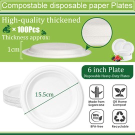 Disposable White Paper Plates 6 Inch/15cm - Super Rigid Bagasse Eco-Friendly Compostable Biodegradable 100 Pack - Sturdy Sugarcane Party Plates Strong Heavy Duty for Hot/Cold Food