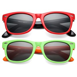 Kids Polarized Sunglasses for Boys Girls – TPEE Unbreakable Flexible Frame UV400 Protection Age 3-8 (Red Black/Gray + Green Orange/Gray) - 2 Pack
