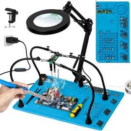 KUVRS 10X Magnifying Glass with Light and Stand, 3 Color Modes Stepless Dimming Magnifying Desk Lamp, Silicone Repair Mat & Gooseneck Helping Hands Soldering Magnifier for Hobby Craft Electronics