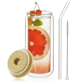 LIBWYS 16oz Double Wall Drinking Glass Cup with Bamboo Lid and Straw, 1 Pc Set – Condensation Resistant Insulated Glass Can Tumbler for Cold Drinks, Iced Coffee, Tea, Juice, Cleaning Brush