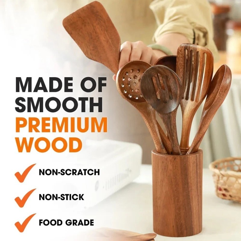 Kitchen 9 Piece Natural Teak Wooden Kitchen Utensil Set with