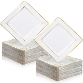 Honeydak 72 Pcs Disposable Square Paper Plates Gold Rim Dessert Plates for Party Events, Wedding, Bridal Shower, Birthday Celebrations(Gold Edge,9 Inch)