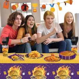 Design for Giving Basketball Party Decorations - 143pcs Set w/ Plates, Cups, Napkins, Banner & More, Purple & Gold