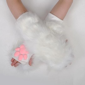 SIROLISA Furry Cat Paw Mittens Gloves for Women Soft 3D Toes Beans Fingerless Cat Claw Paws Pad Sleeve