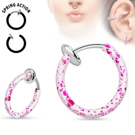 PiercedOff Titanium White and Pink Splatter Spring Action Fake Ring for Nose, Mouth or Cartilage - Diameter 10mm