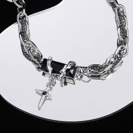 ESFRIAN Men's Necklace, Popular, Recreless, 19.7 - 2.0 inches (50 + 5 cm), Pendant, Black, Cross, Star, Stainless Steel, 11.6 gal (316 L), Simple Plate, Accessory, Stylish, Necklace, Chain