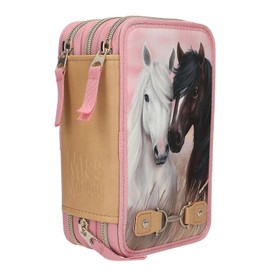 Depesche 13187 Miss Melody Dusty Rose Filled 3-Compartment Pencil Case in Dusky Pink, with Horse Motif and Decorative Closure, Pencil Case with Coloured Pencils, Ruler, Scissors and much more,