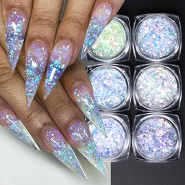6 Colors Holographic Shiny Glass Nail Sequins Iridescent Flakes Nails Magic Metallic Chrome Nail Powder Mermaid Nail Art Aurora Glitter Crystal Summer Nail Art Decoration