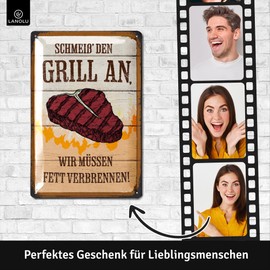 LANOLU Retro Tin Signs Grills – SchMEIß DEN GRILL AN wir müssen Fett verbrennen – BBQ Grill Retro Decoration, Grill Area Sign Garden, Papas Grillecke Sign – Metal Signs 20 x 30 cm