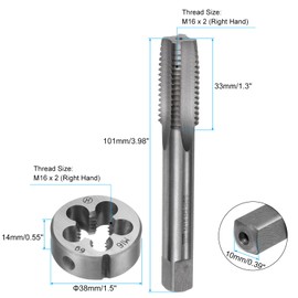 sourcing map 3pcs Metric Hand Tap and Die Set, M16 x 2 Taper/Plug Thread Taps & Round Die, Hand Threading Tapping Tool Kit for Thread Repair