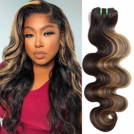 HERMOUS 12A Double Drawn FB/27 Human Hair Bundles Body Wave Blonde Highlight Color, Honey Blonde with Black Single Bundle Human Hair 100% Unprocessed Hair Colored Single Bundle Wavy Sew In 14 Inch