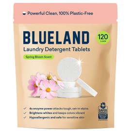 BLUELAND Laundry Detergent Tablets, 120 Count, Spring Bloom Scent, Plastic-Free Eco-Friendly Pods, Sheets, Liquid Alternative - Safe for Sensitive Skin, Gentle