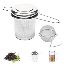 Yolistar Set of 2 tea strainers, with chain, 304 stainless steel tea filter, with lid and foldable, for loose tea leaves and coffee, tea accessories, suitable for pots and teapots, fine mesh and
