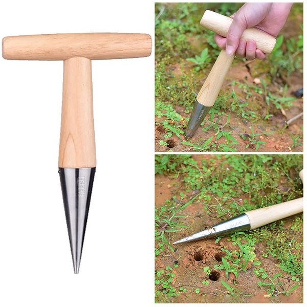 Stainless Steel Sow Dibber for Garden Planting Seeds Bulbs Seedling Punch Hole Handle Tools with Wood Handle