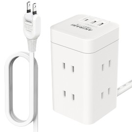 QBIZHO Power Strip, Tower, PD Rapid Charging, USB Included, 6 AC 3 USB Ports, Extension Cord, Mini Type, Lightning Guard, Multi-Tap, Octopus Legs, Rapid Charging (6 Outlets), White, Vertical and