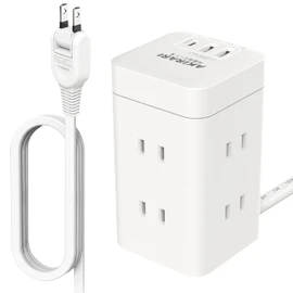 QBIZHO Power Strip, Tower, PD Rapid Charging, USB Included, 6 AC 3 USB Ports, Extension Cord, Mini Type, Lightning Guard, Multi-Tap, Octopus Legs, Rapid Charging (6 Outlets), White, Vertical and