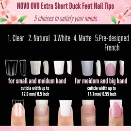 NOVO OVO Duck Feet Nail Tips for Small and Medium Hand, Extra Short Full Cover Press On Acrylic, Clear Full Coverage Thick Flare French Soft Gel Fake False Nail Extension x 12 Sizes 120 pcs