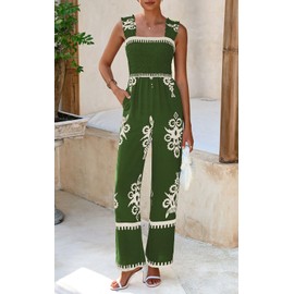 PRETTYGARDEN Womens Jumpsuit Casual One Piece Boho Summer Outfits Shirred Strap Wide Leg Long Pants Rompers With Pockets (Green Apricot Flower, Medium)